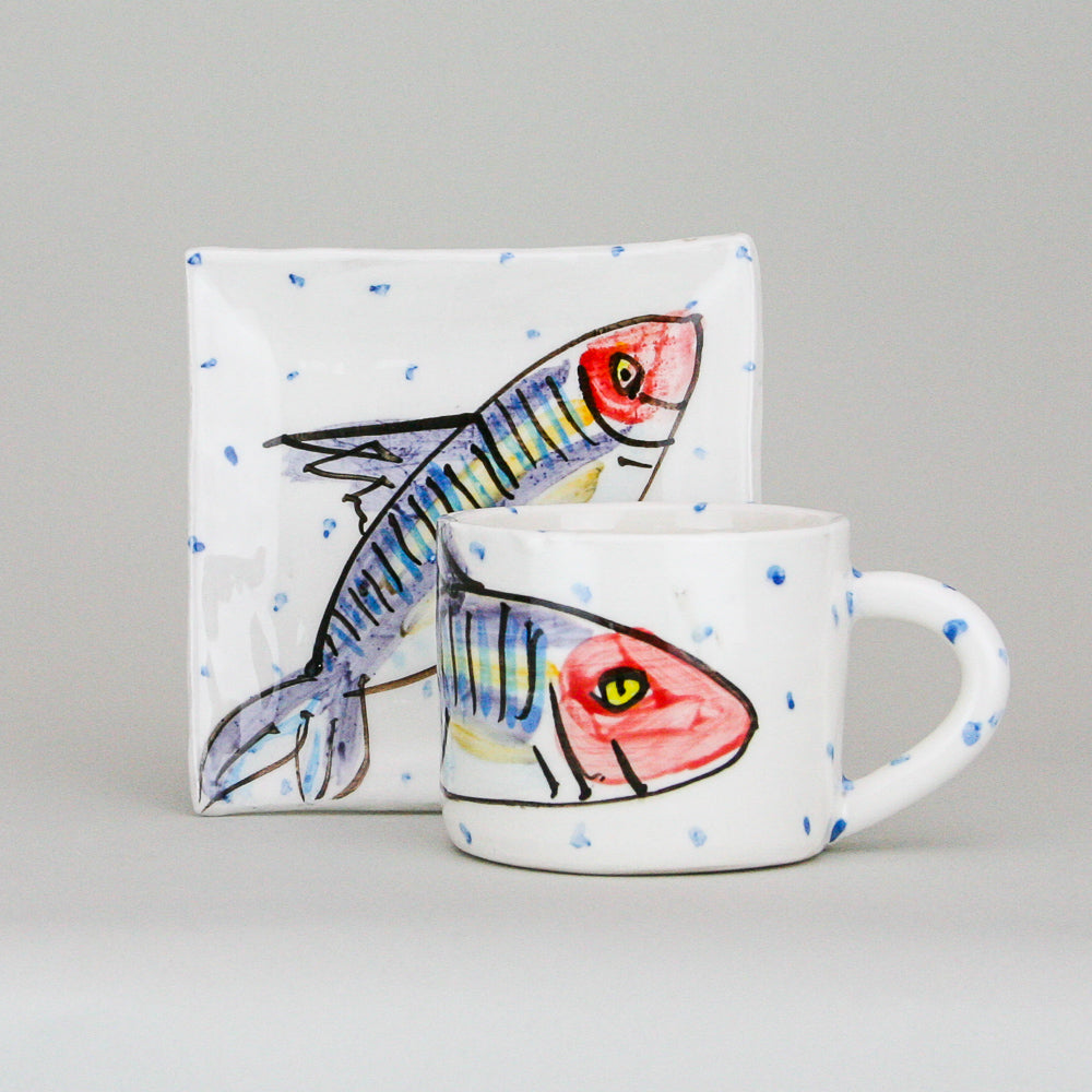 Ceramic Mug and Plate Sets  - Mackerel Fish Design - Gifts for Him