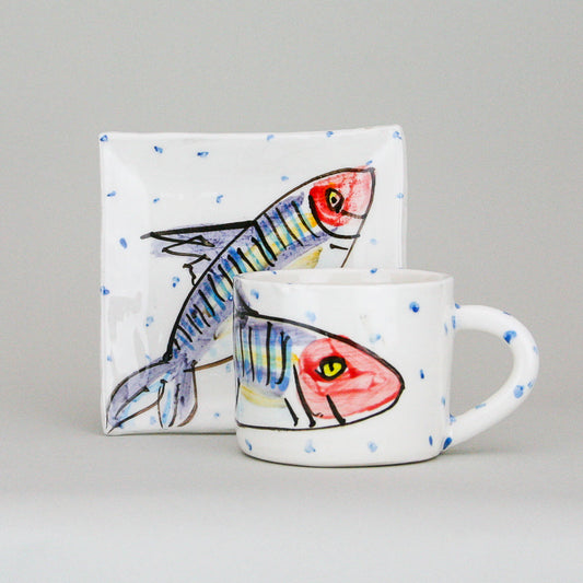 Ceramic Mug and Plate Sets  - Mackerel Fish Design - Gifts for Him